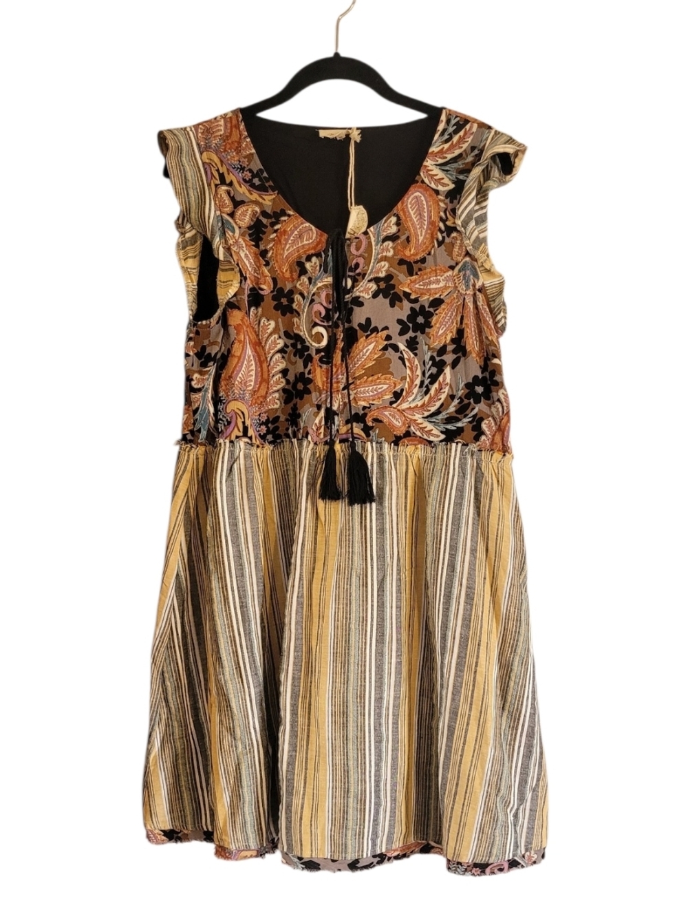 Mystree Cotton Blend Paisley Stripes Patchwork Boho Ruffle Sleeveless Dress Sz L